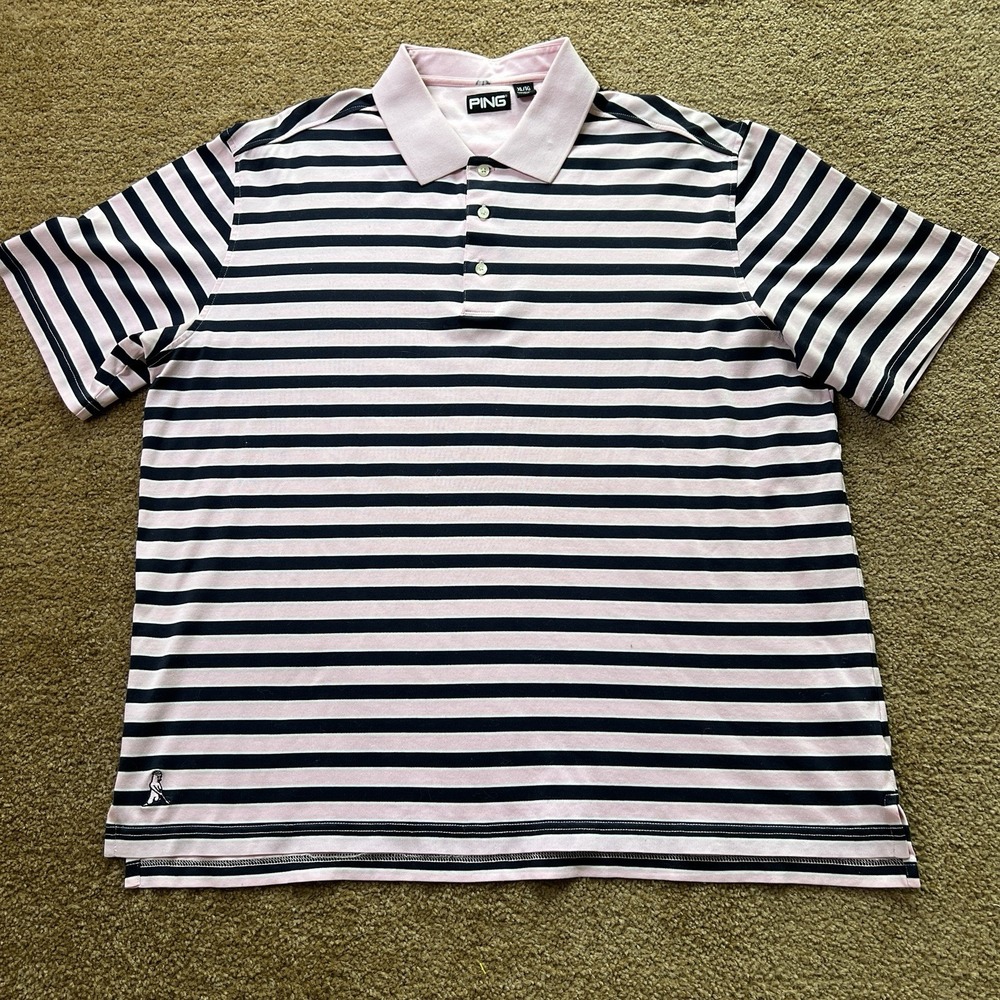 Ping Collection Mens‎ Short Sleeves Golf Polo Shirt Pink & Blue Striped XL